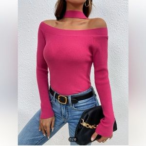 Barbiecore Halter Neck Ribbed Knit Sweater
